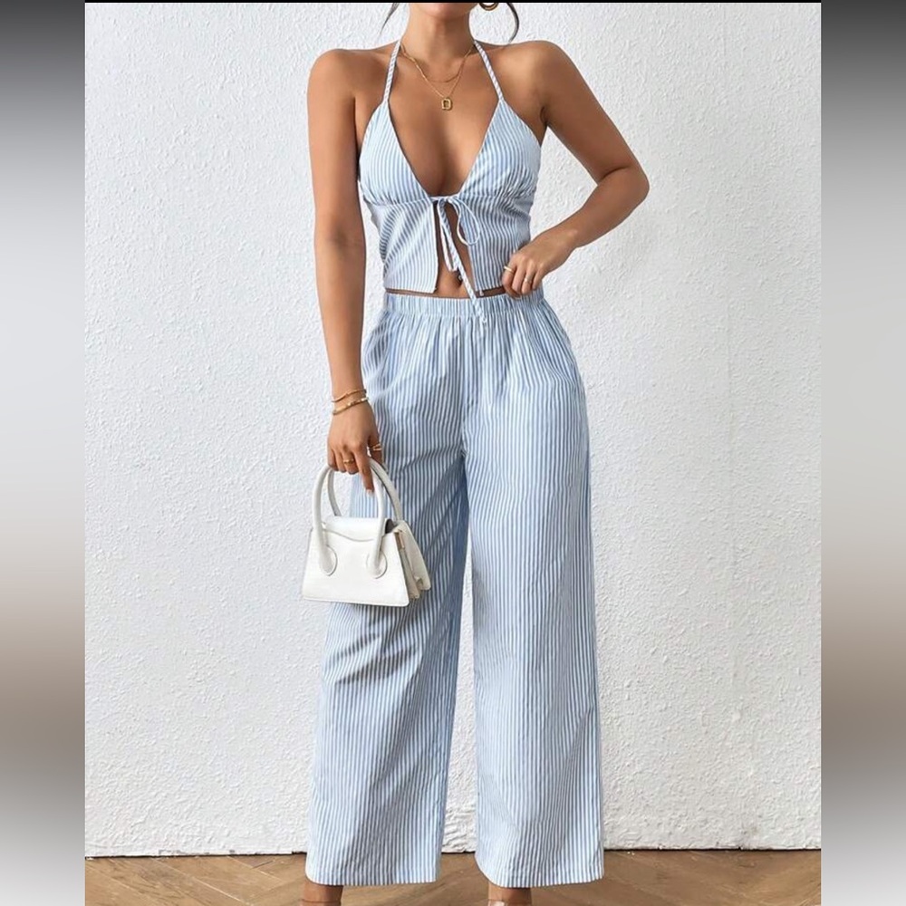 Striped Backless Halter Neck Set
